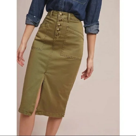 Anthropologie Dresses & Skirts - ANTHROPOLOGIE • chino olive green midi pencil skirt • 0 Petite